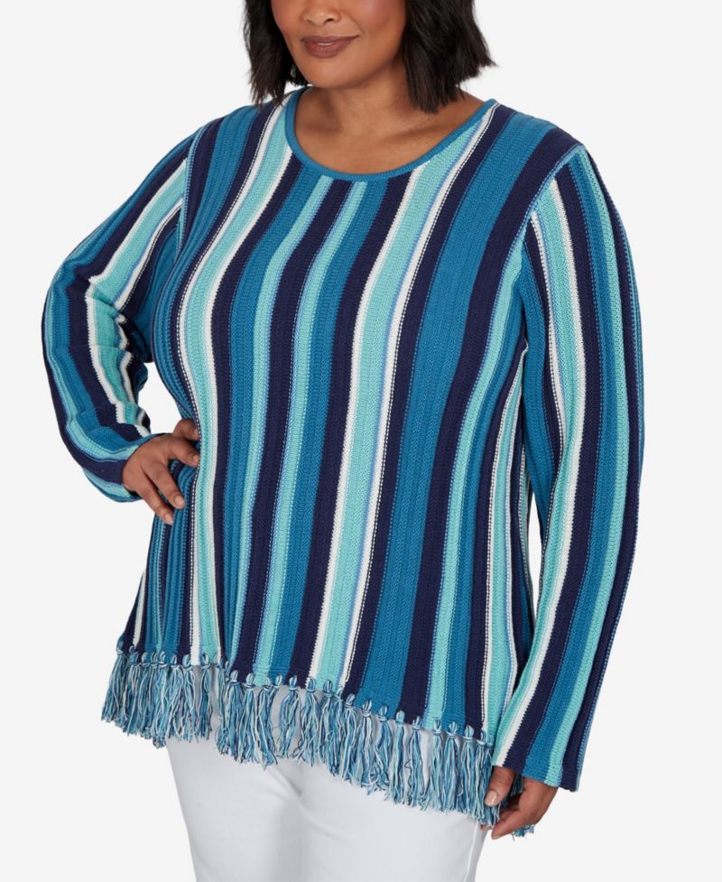 Plus Size Stripe Fringe 3/4-Sleeve Pullover