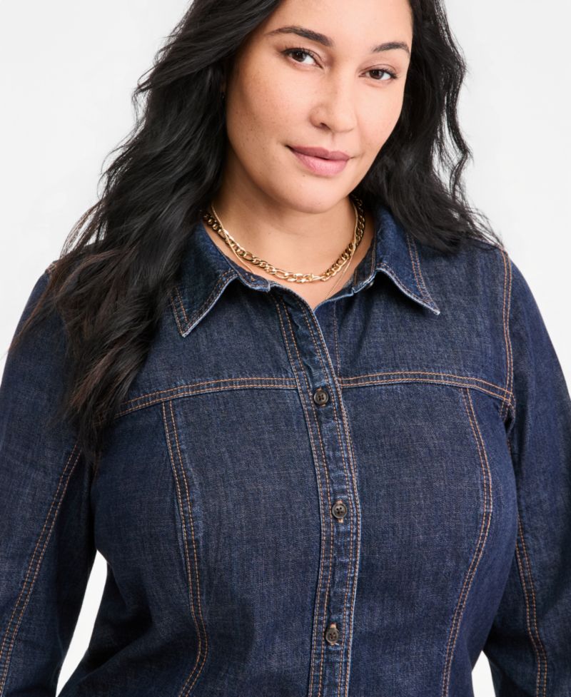 Plus Size Denim Long-Sleeve Mini Dress