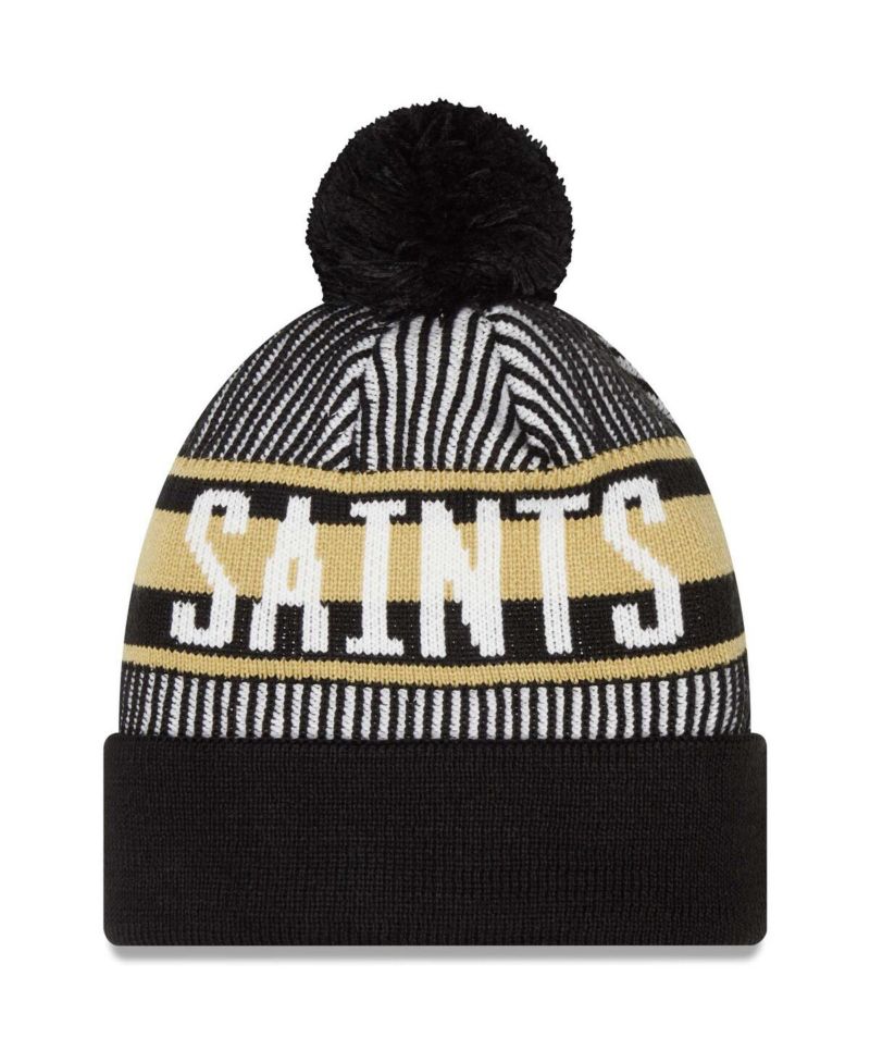 Men's Black New Orleans Saints Striped Cuffed with Pom Knit Hat
