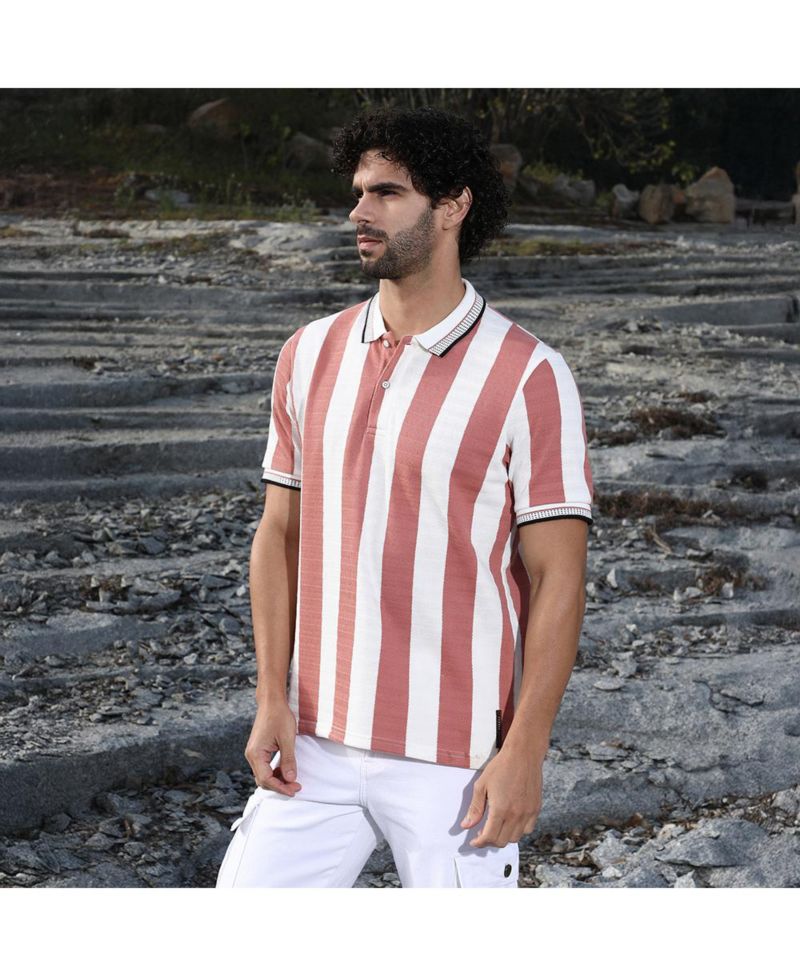 Men's Nude Pink and Cream White Awning-Striped Polo T-Shirt