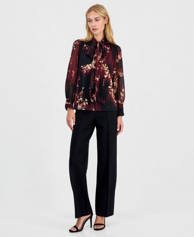 Petite Long-Sleeve Floral Bow Blouse