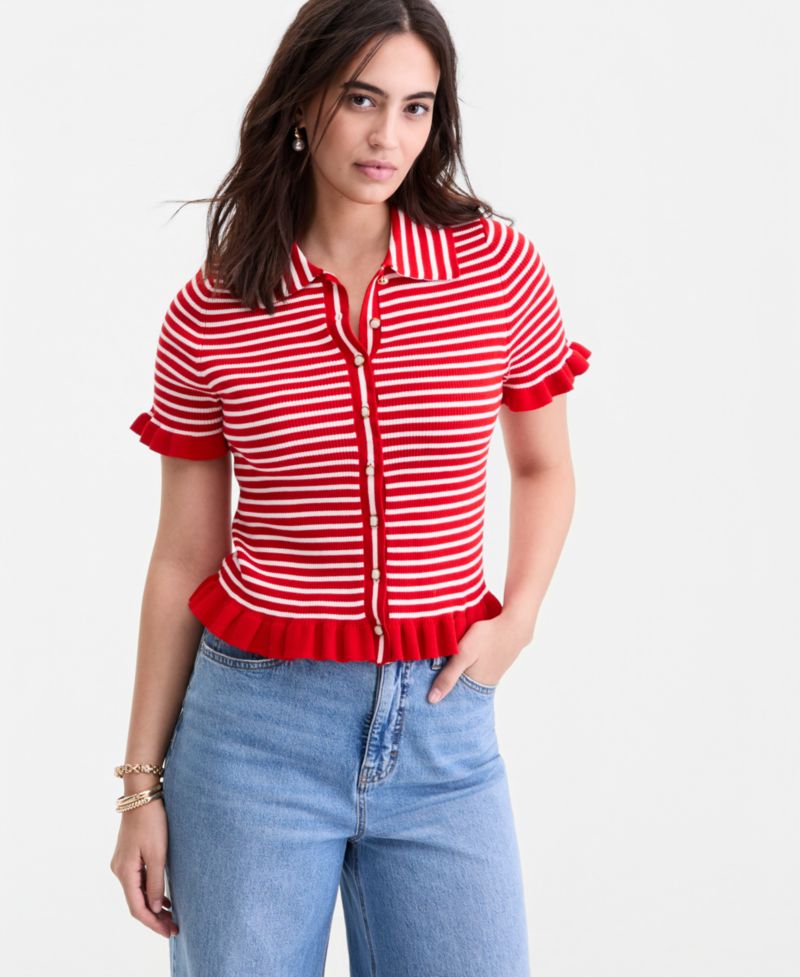 Women's Short-Sleeve Ruffle-Trim Collared Sweater