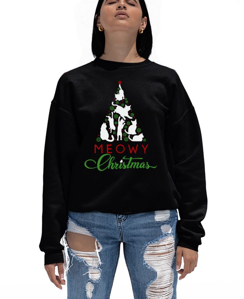 Women's Meowy Christmas Tree Word Art Crewneck Sweatshirt