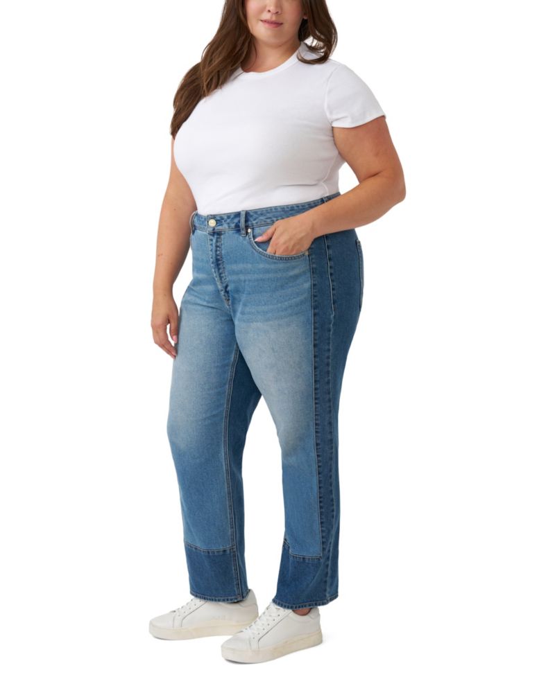Plus Size Pieced Straight High-Rise Colorblock Jeans