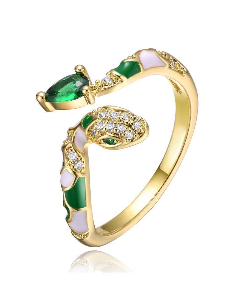 RA 14k Yellow Gold Plated with Green & Cubic Zirconia Coiled Snake Serpent Open Bypass Cuff Ring