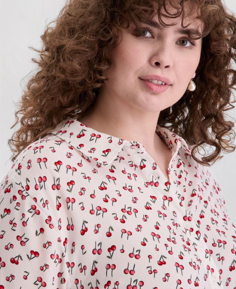 Trendy Plus Size Cherry Print Silky Shirt