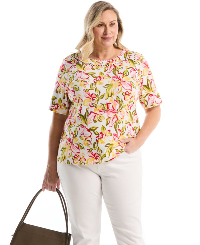 Plus Size Petal Print Pom Trim Detail Short-Sleeve Top
