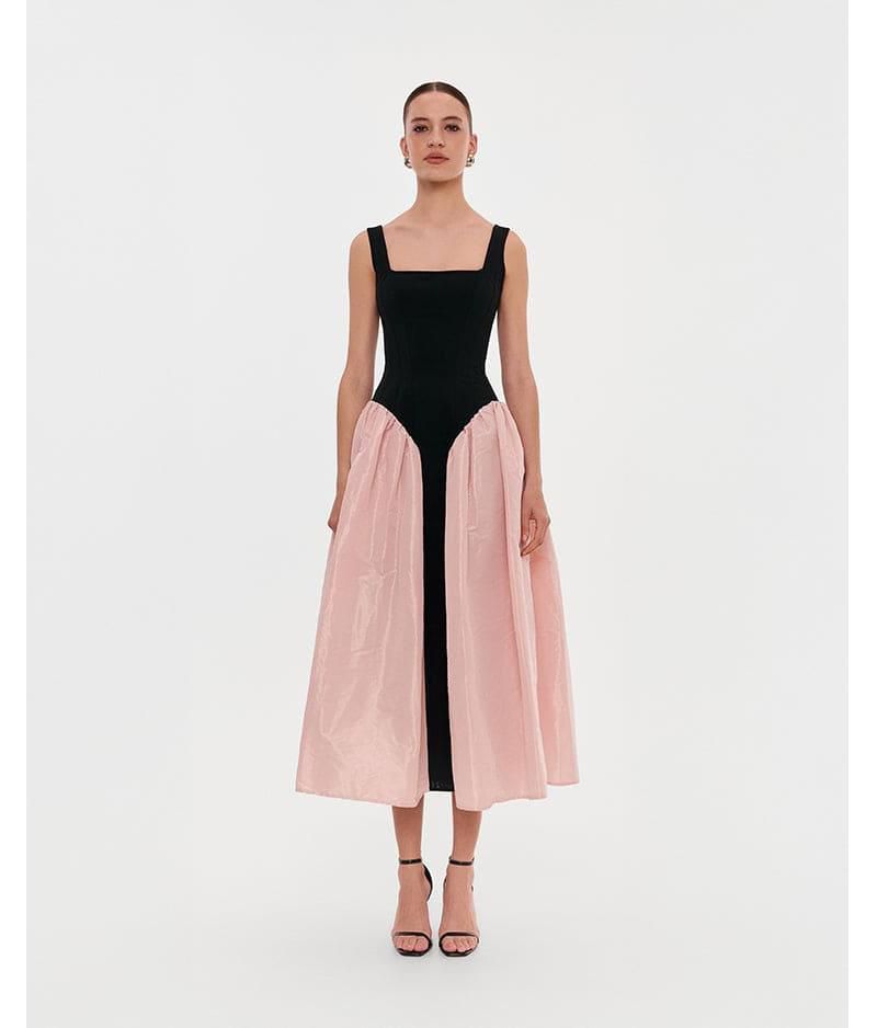 Women's Corset Dress On Straps With A Glossy Midi Skirt