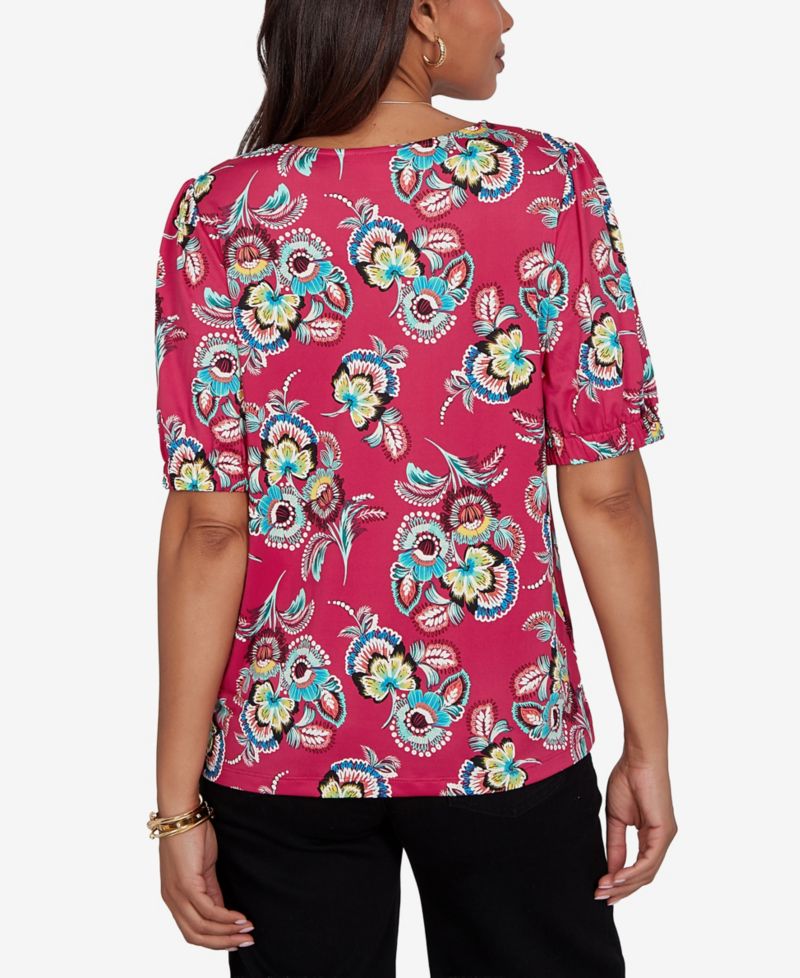 Petite Etched Floral Puff Print Blouse