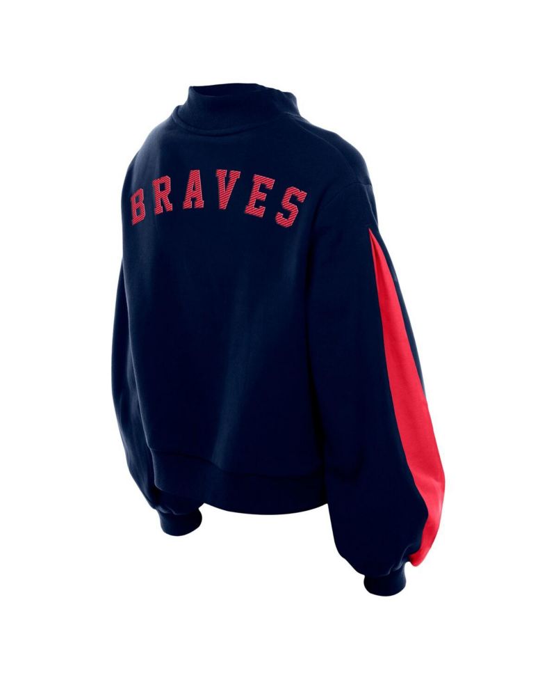 Women's Navy Atlanta Braves Mock Neck Balloon Sleeve Sweatshirt