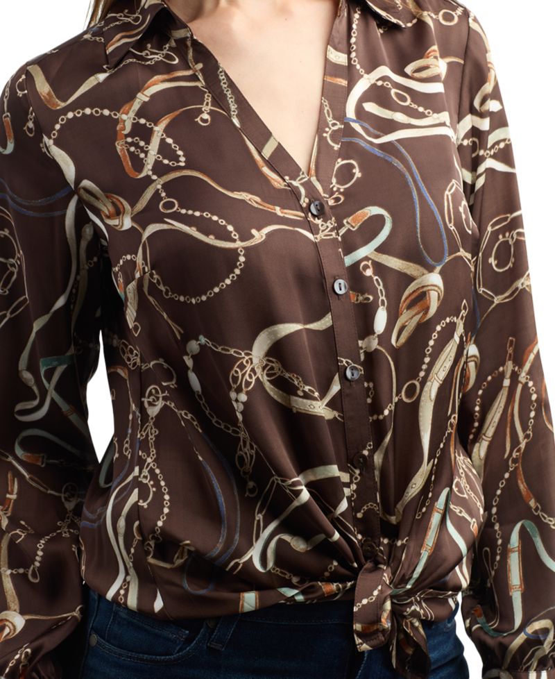 Juniors' Tie-Front Long-Sleeve Stretch Satin Blouse