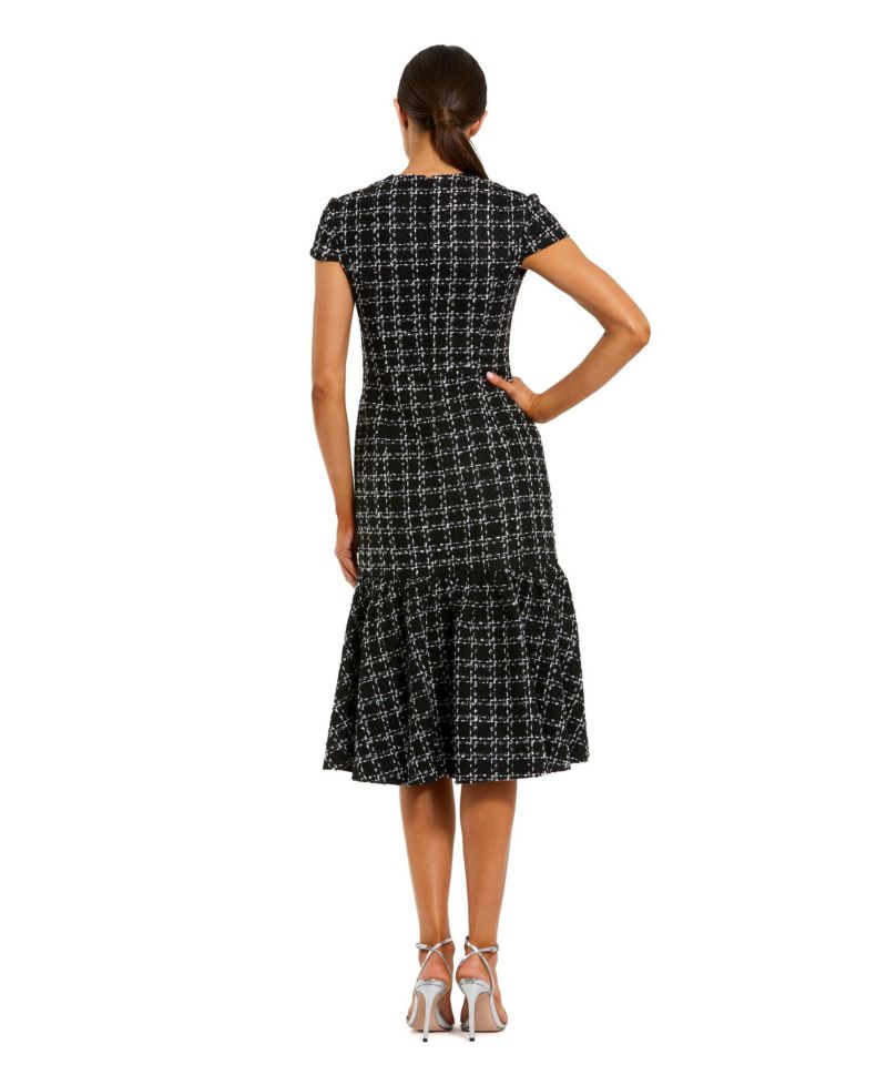 Women's Button Up Cap Sleeve Boucle A Line Midi Dress
