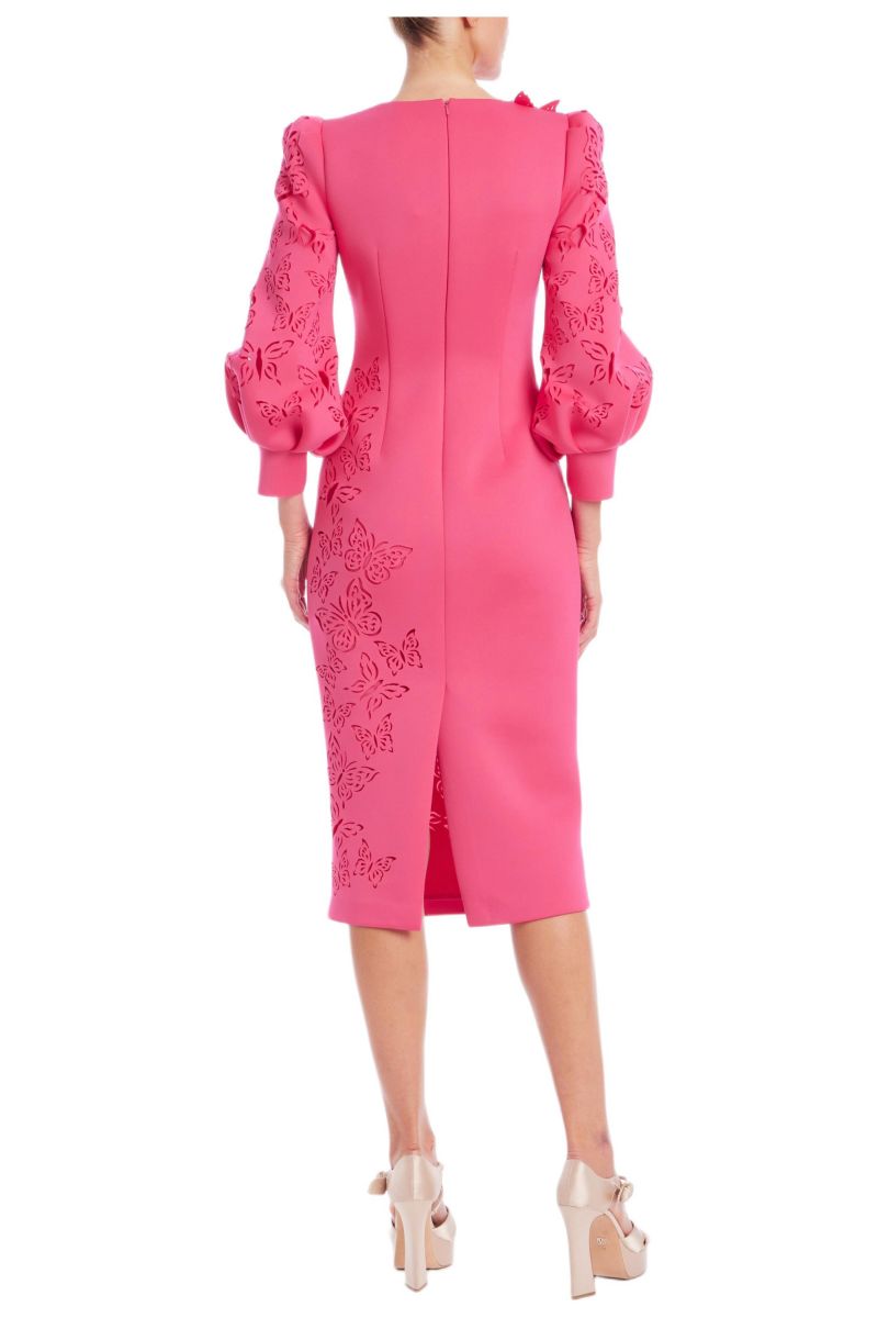 Women's Long Sleeve Butterfly Applique Scuba Midi Dress
