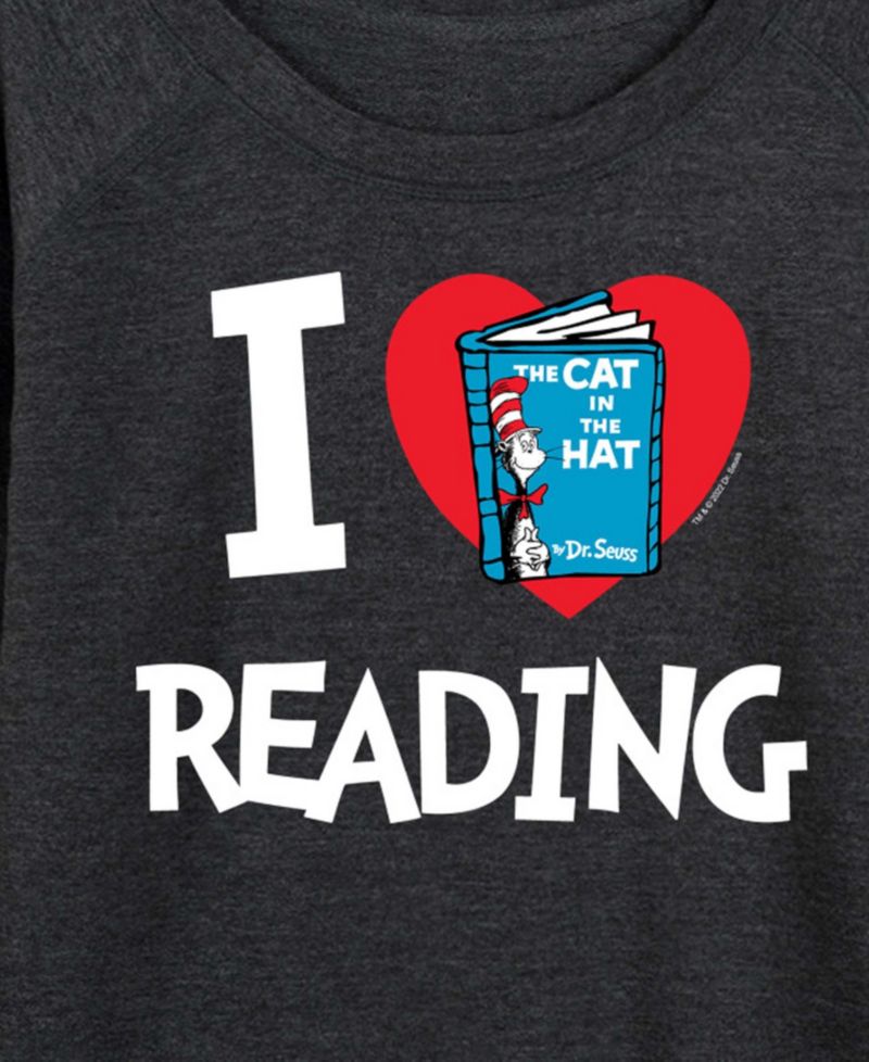 Plus Size Dr. Seuss Cat in the Hat Love Reading French Terry Graphic Crewneck T-Shirt