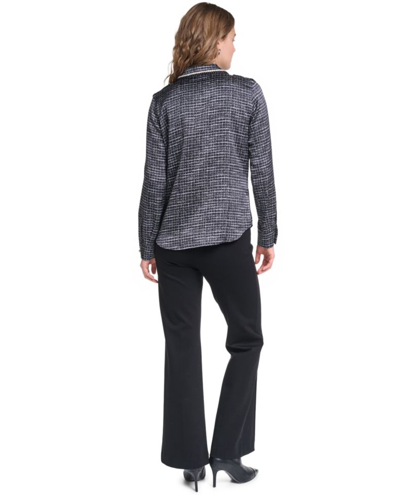 Petite Print Tweed Trim Top