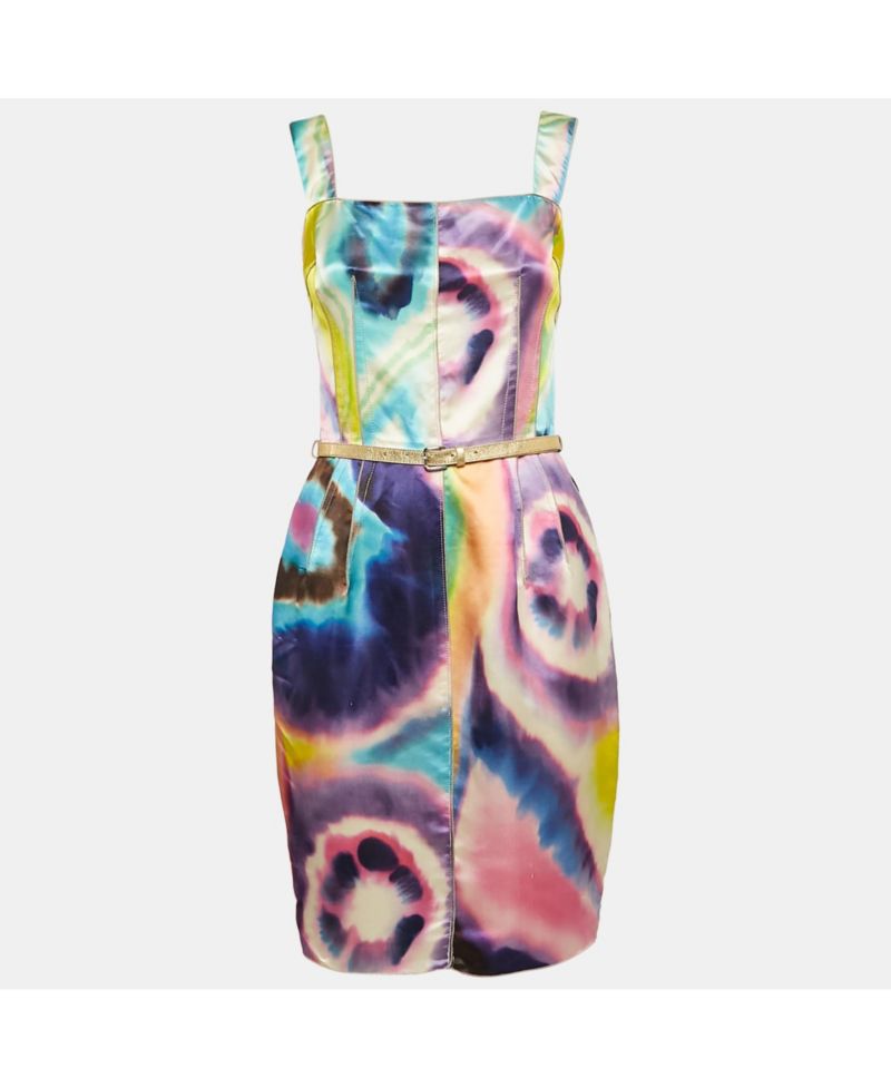 Women's Pre-Owned Dolce and Gabbana Multicolor Tie-Dye Print Satin Sheath Dress