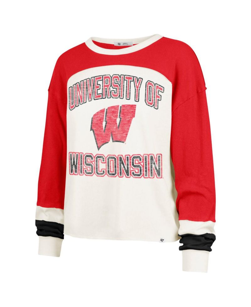 Women's Cream Wisconsin Badgers Double Header Curve Raglan Long Sleeve T-Shirt