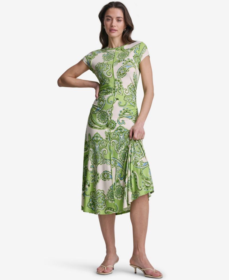 Women's Paisley-Print Cap-Sleeve Crewneck Midi Dress