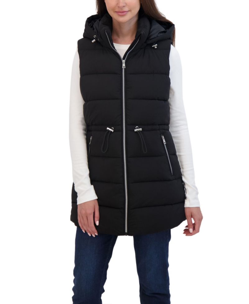 Women's 3/4 Hooded Stretch Puffer Vest With Drawstring Waist