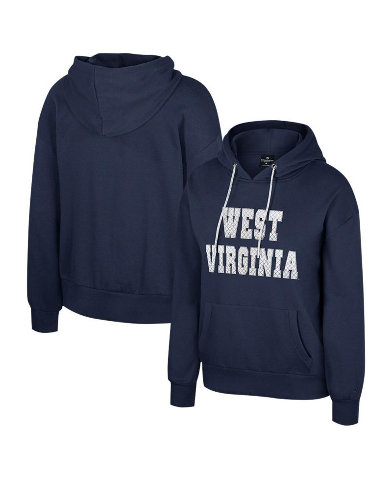 Women's Navy West Virginia Mountaineers Reflection Rhinestone Drawcord Pullover Hoodie