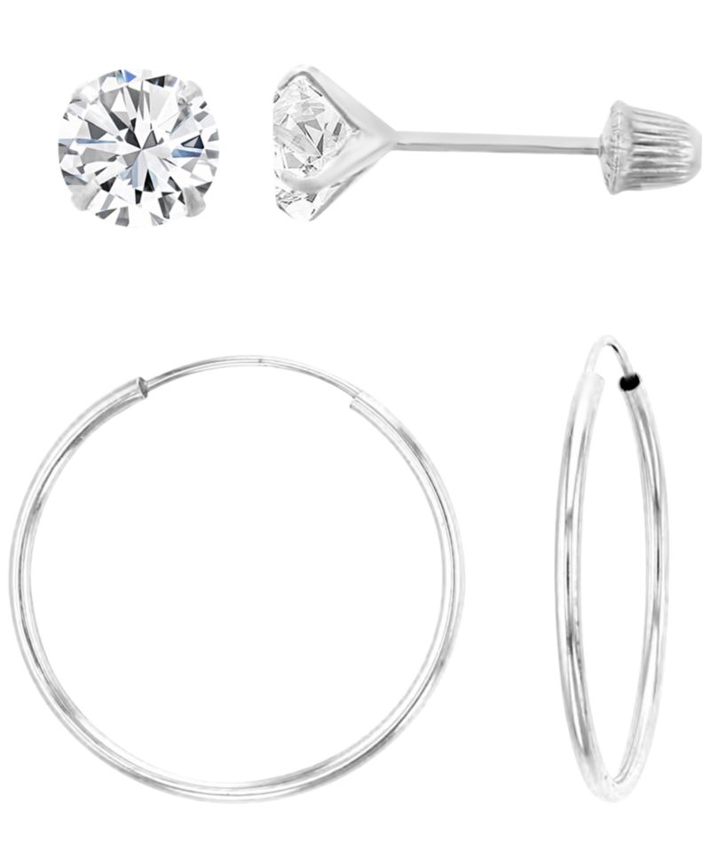 2-Pc. Solitaire Ball Stud And Hoop Earrings Set in Sterling Silver
