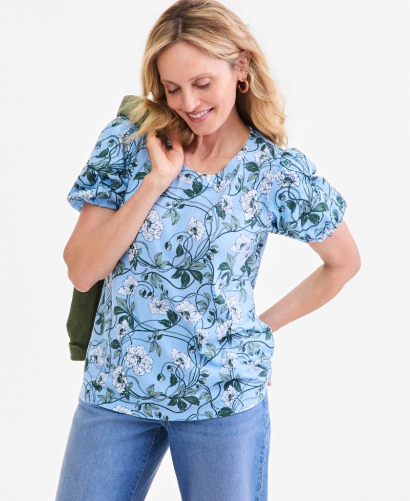 Plus Printed Mix Media Puff-Sleeve Top