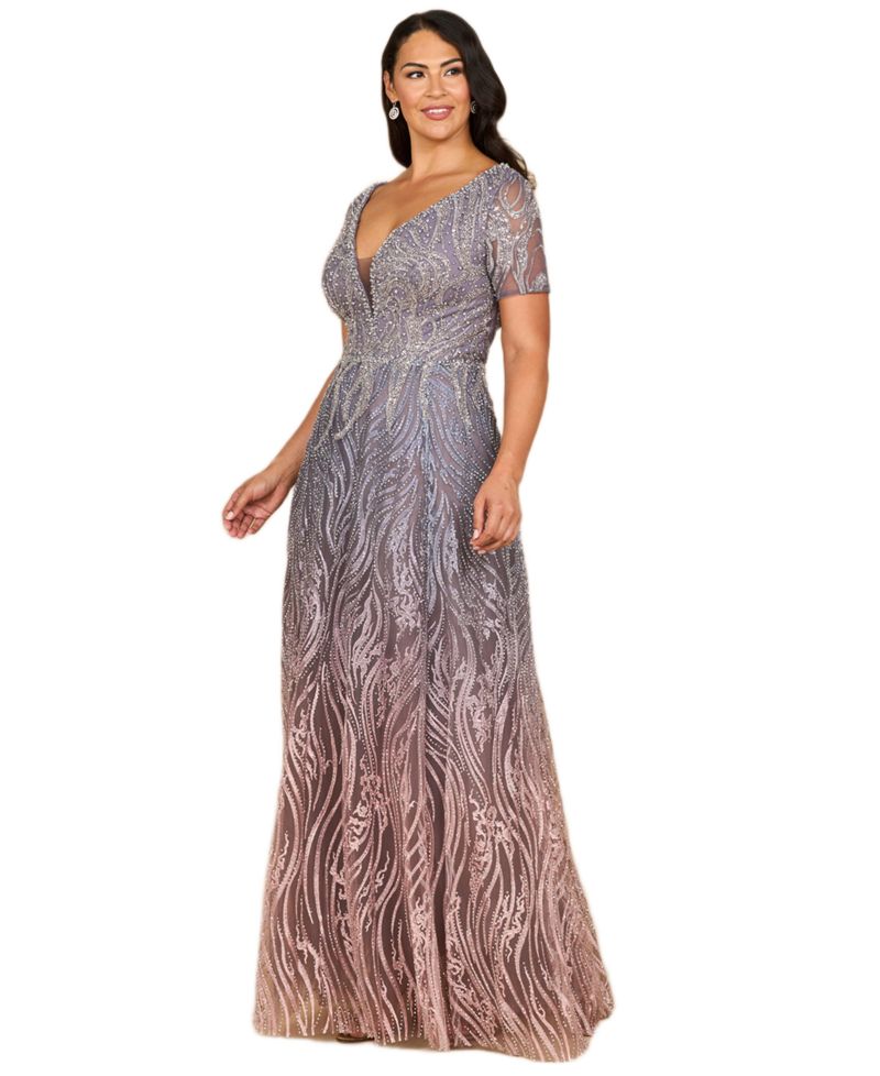Women's Short Sleeve V-Neck Beaded Ballgown