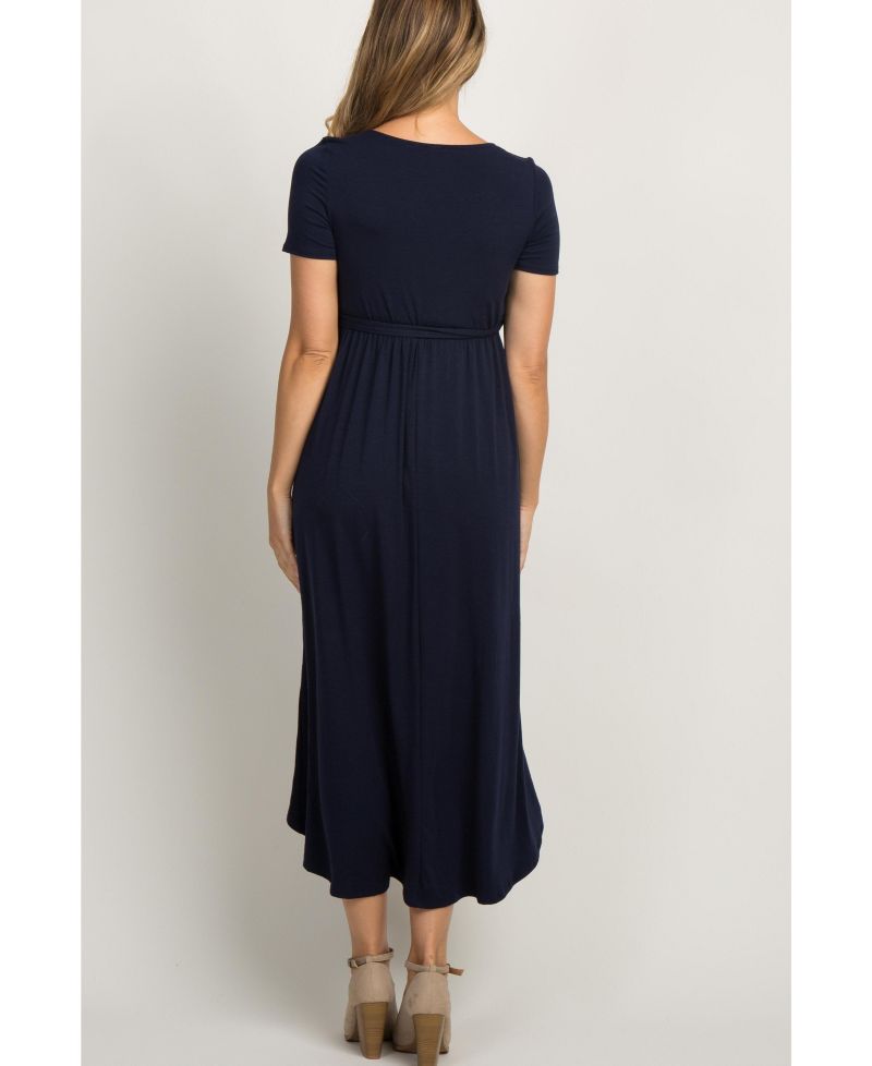 Women's Navy Blue Solid Hi-Low Wrap Dress