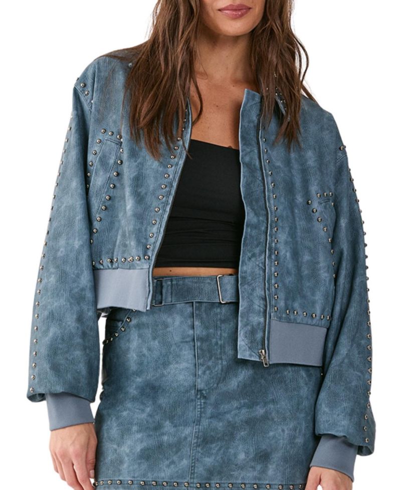 Women's Leather Studded Bomber Jacket