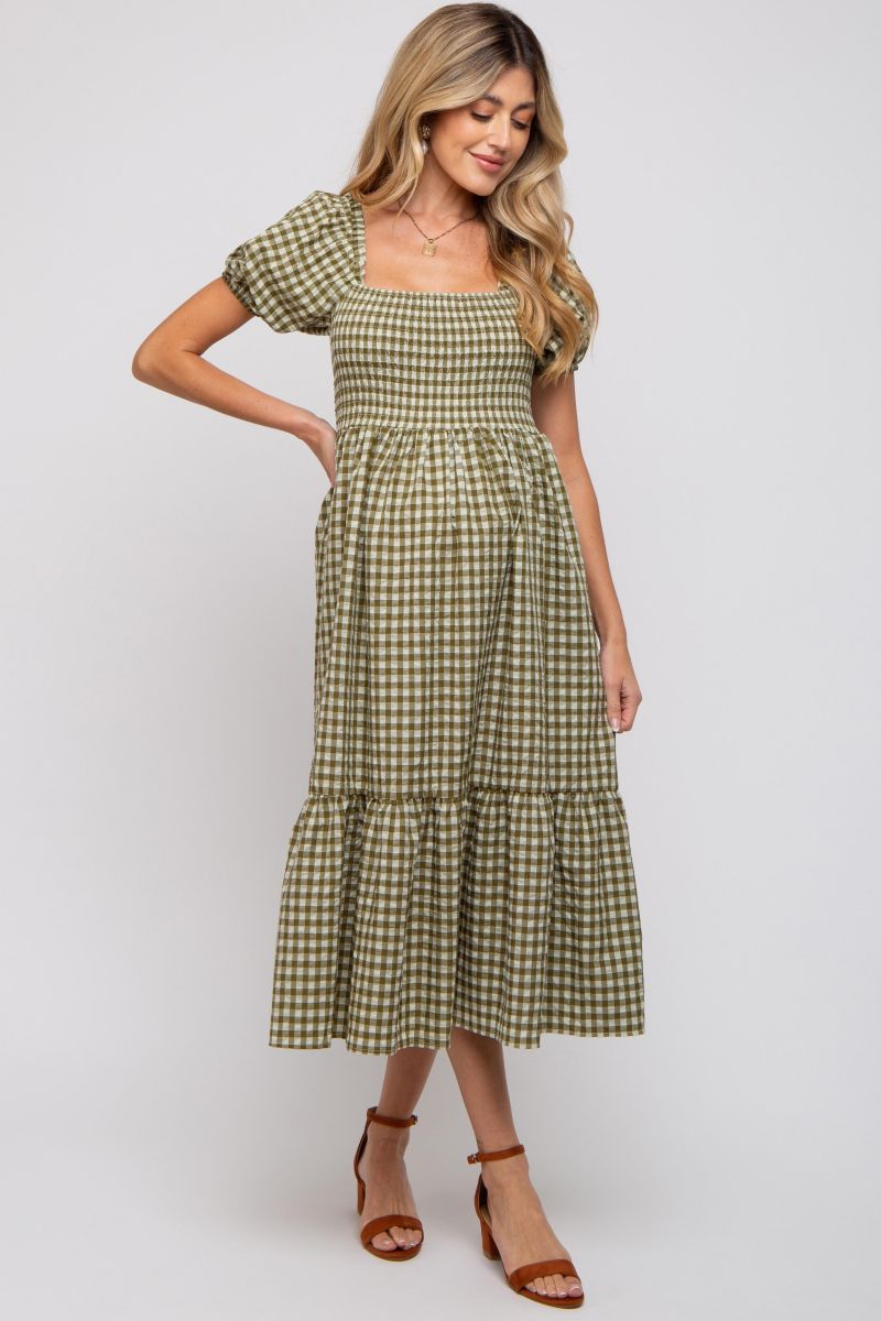 Women's Rust Gingham Smocked Midi Dress