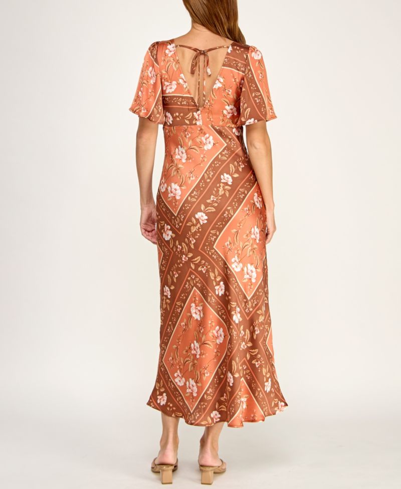 Juniors' Slim-Fit Floral Printed Satin Midi Dress