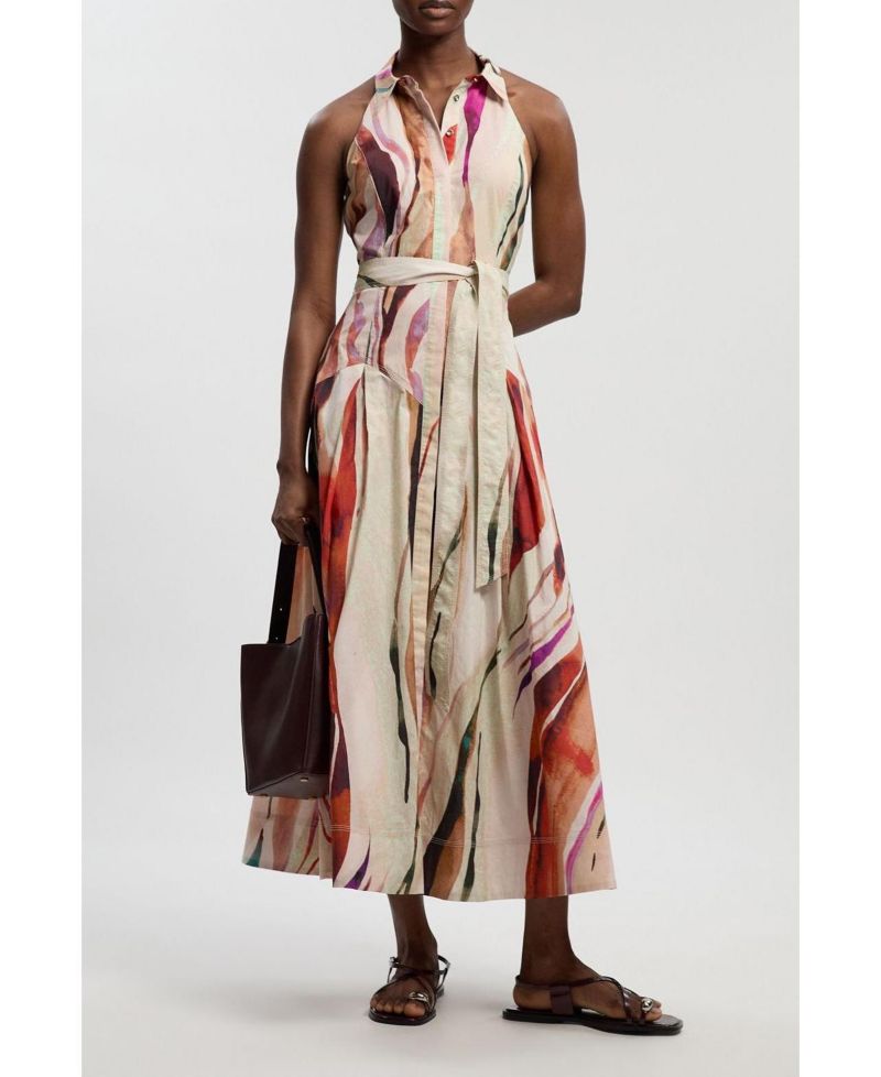 Women's Marble Print Halter Midi Shirt Dress