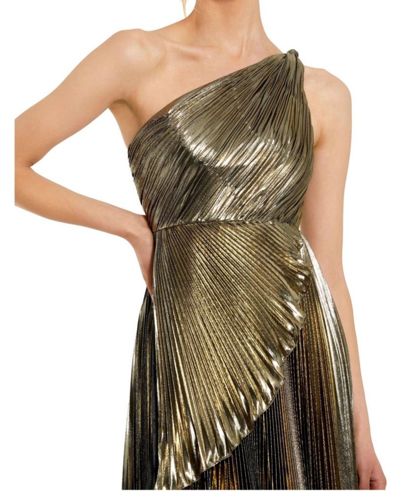 Women's Pleated Metallic One Shoulder High Low Gown