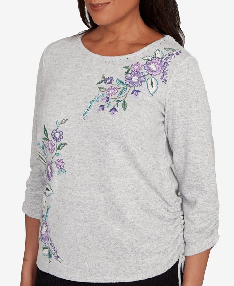 Petite Lake Champlain Embroidered Flowers with Side Tie Ruching Top