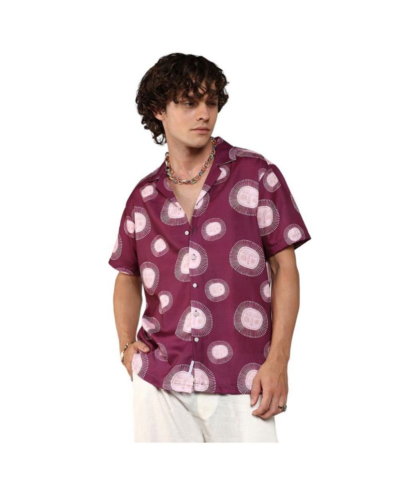 Men's Wine Red Relaxed Face Shirt