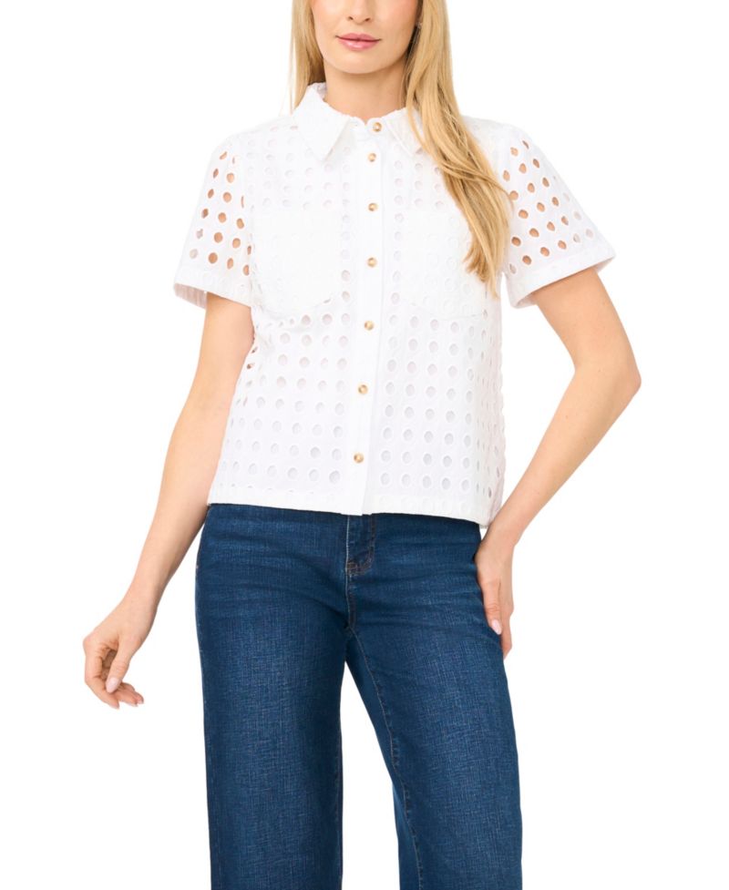 Women's Short Sleeve Eyelet Button-Down Top