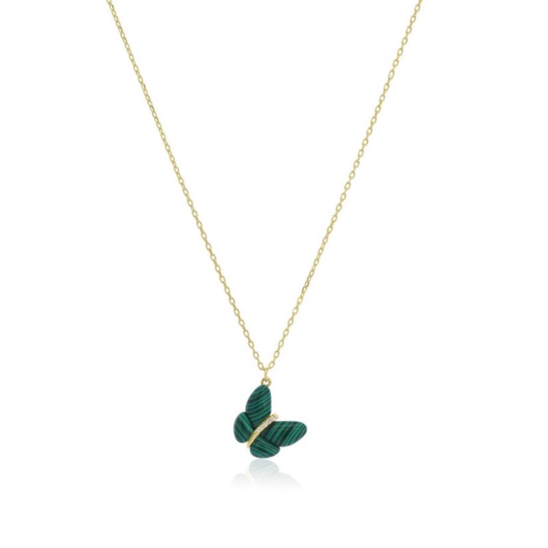 Asymmetrical Malachite Butterfly Necklace 14K Gold-Plated Sterling Silver
