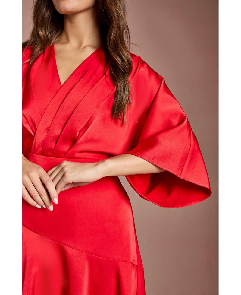 Women's Satin Back Crepe Ruffle Wrap Midi Dress
