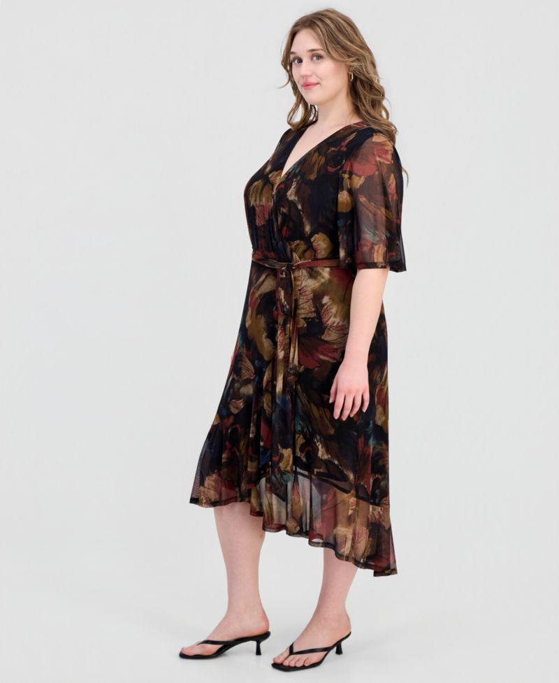 Plus Size Printed Flutter-Sleeve Faux-Wrap Midi Dress