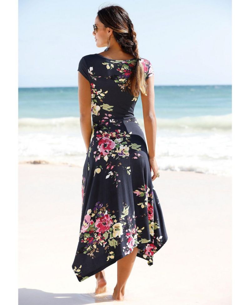 Women's Viscose Printed Handkerchief Hem Style V-Neck Midi Dress