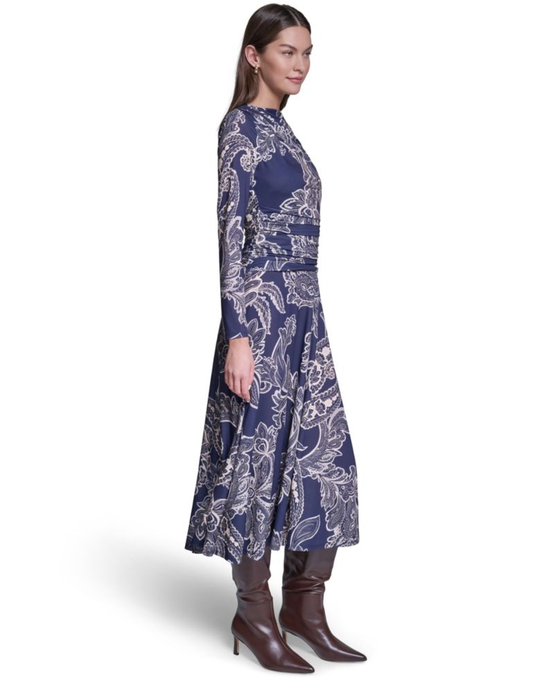 Women's Long-Sleeve Paisley-Print A-Line Midi Dress