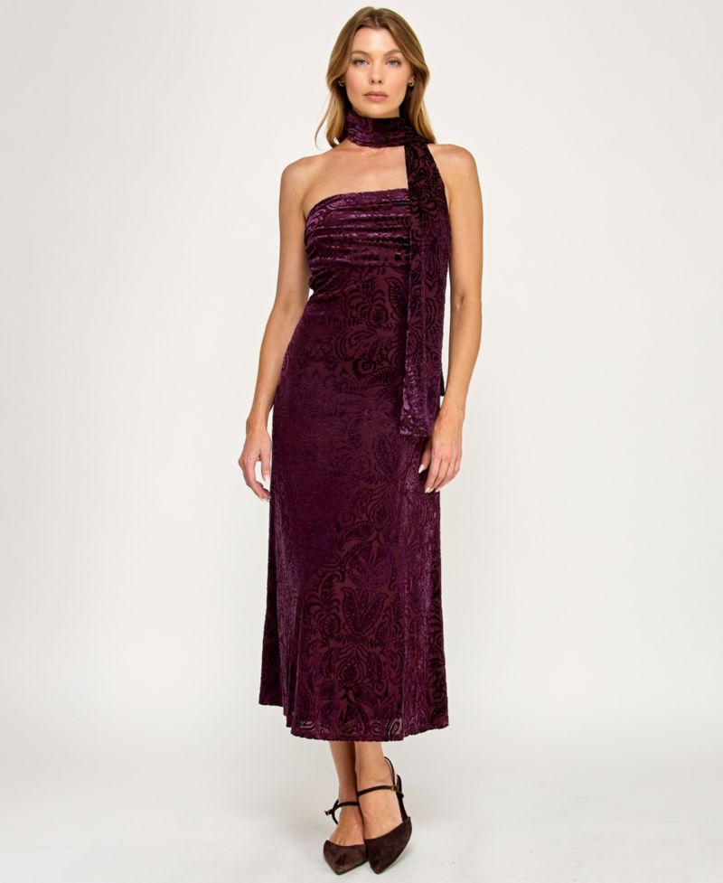Juniors' Burnout Velvet Sleeveless Scarf Midi Dress
