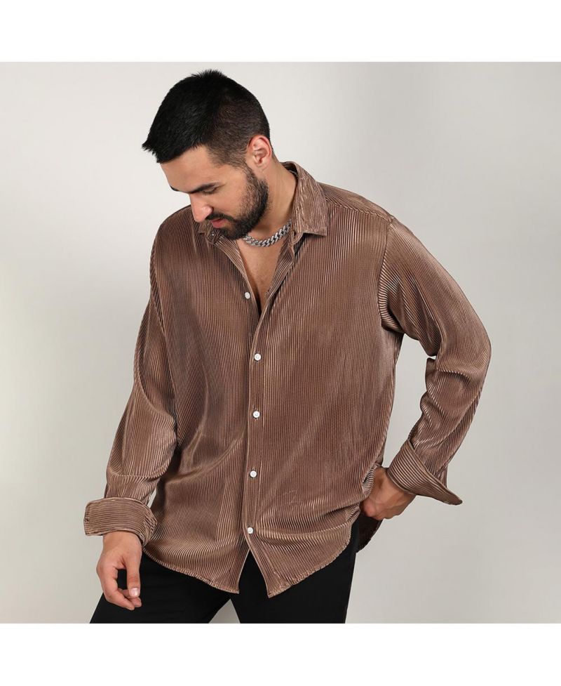 Men's Mocha Brown Pleat-Creased Shirt