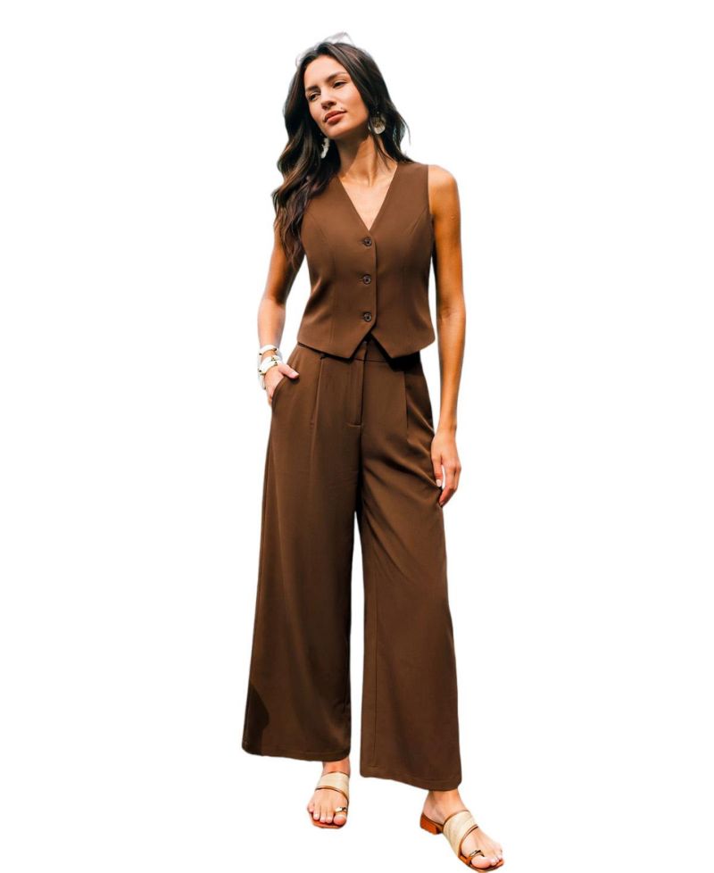 Women's Tailored V-Neck Vest and Wide-Leg Pants, 2-Piece Set