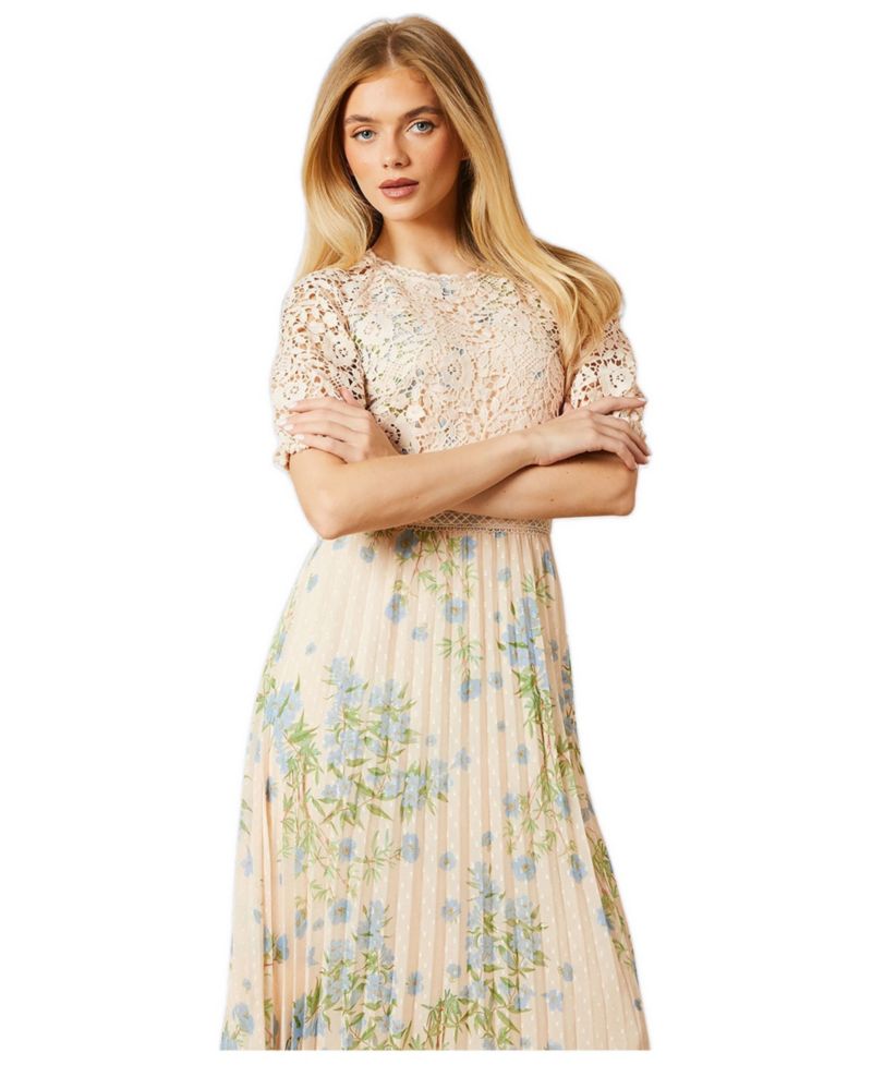 Women's Floral Lace Bodice Pleated Midi Dress