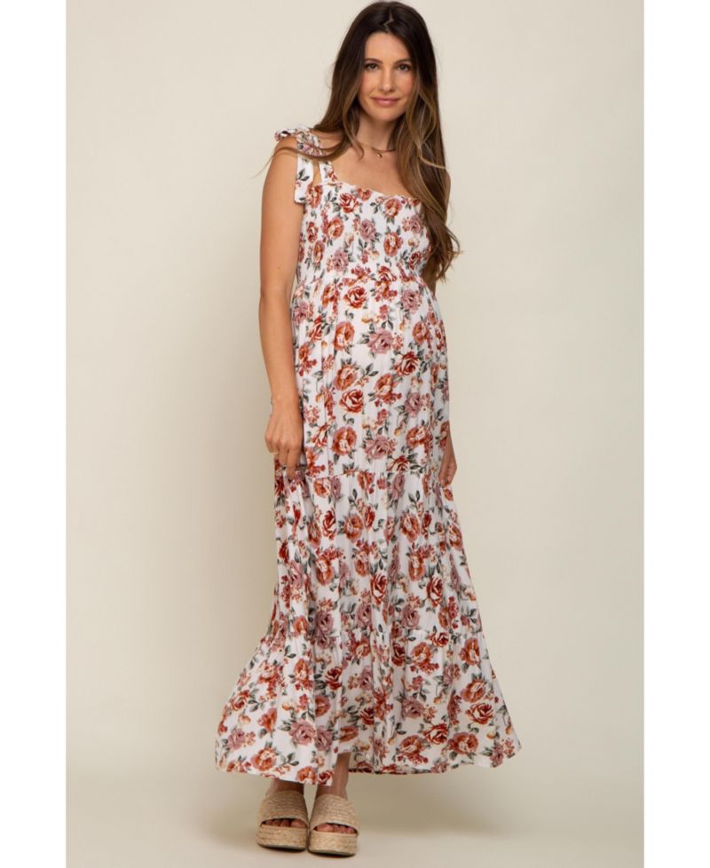 Women's Cream Floral Smocked Shoulder Tie Tiered Maxi Dress