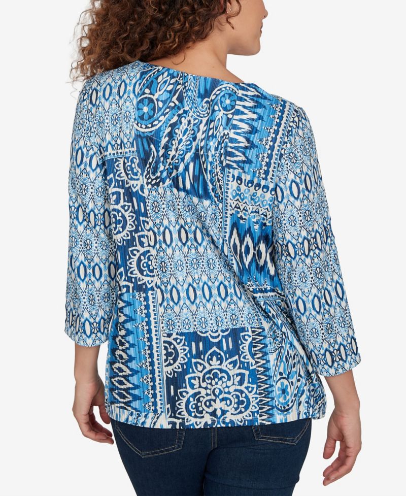 Petite Medallion Navy Patchwork Knit Top