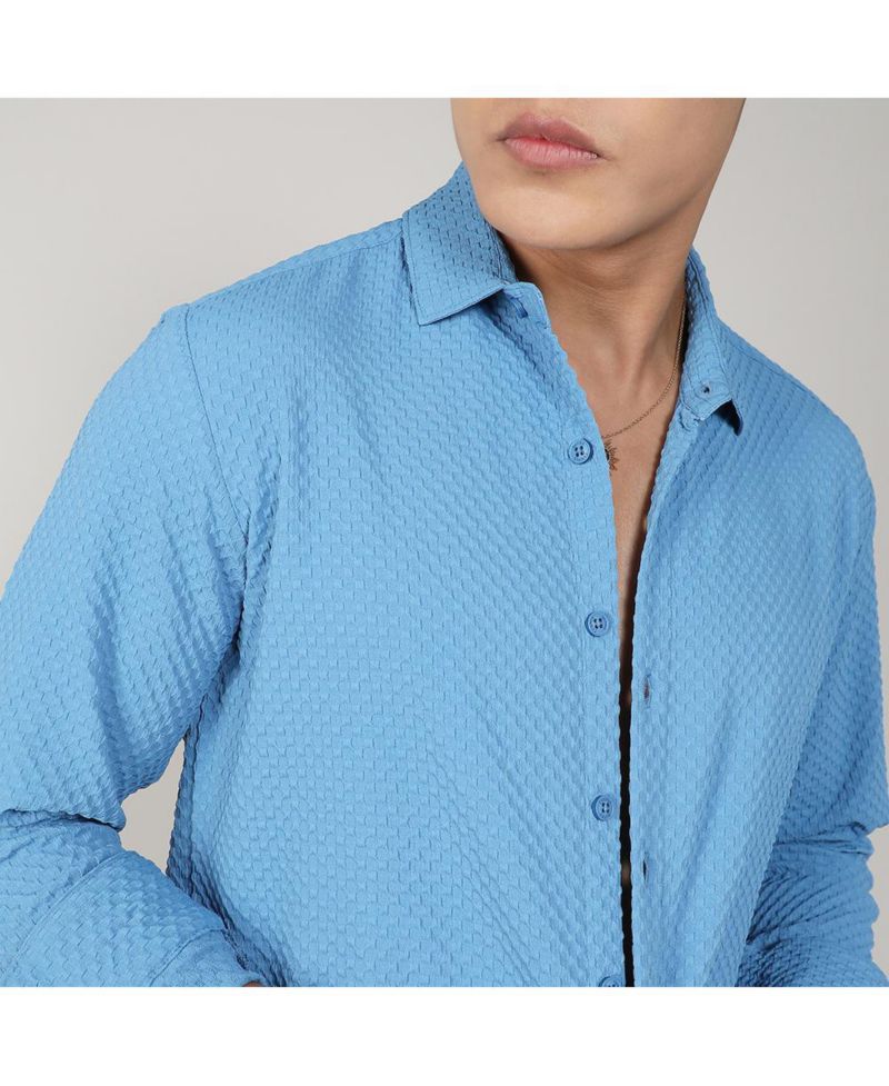Men's Sky Blue Textured Micro Buffalo Check Shirt