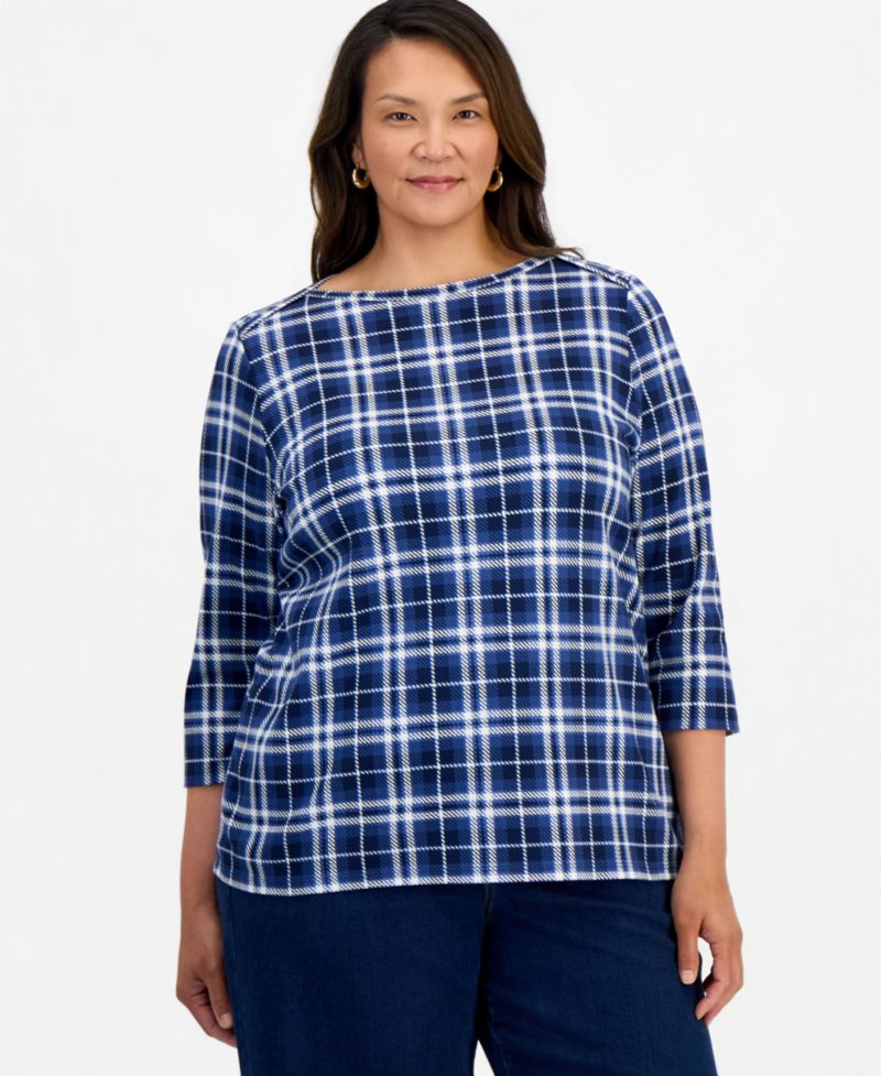 Petite Printed Pima Cotton 3/4-Sleeve Boatneck Top