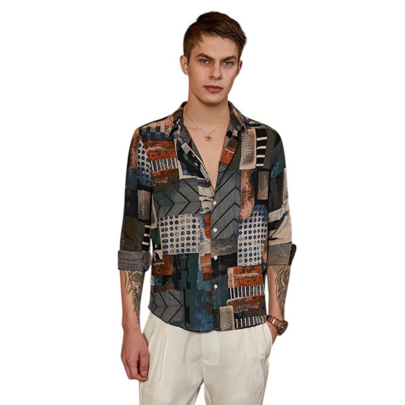 Men's Indigo Blue & Coffee Brown Earthy-Abstract Shirt